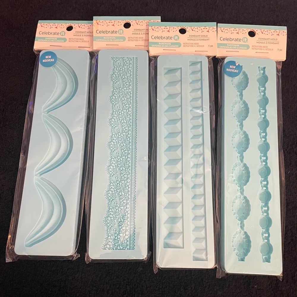 NIP Celebrate It Light Blue Silicone Border and Lace Fondant Molds - Set of 4